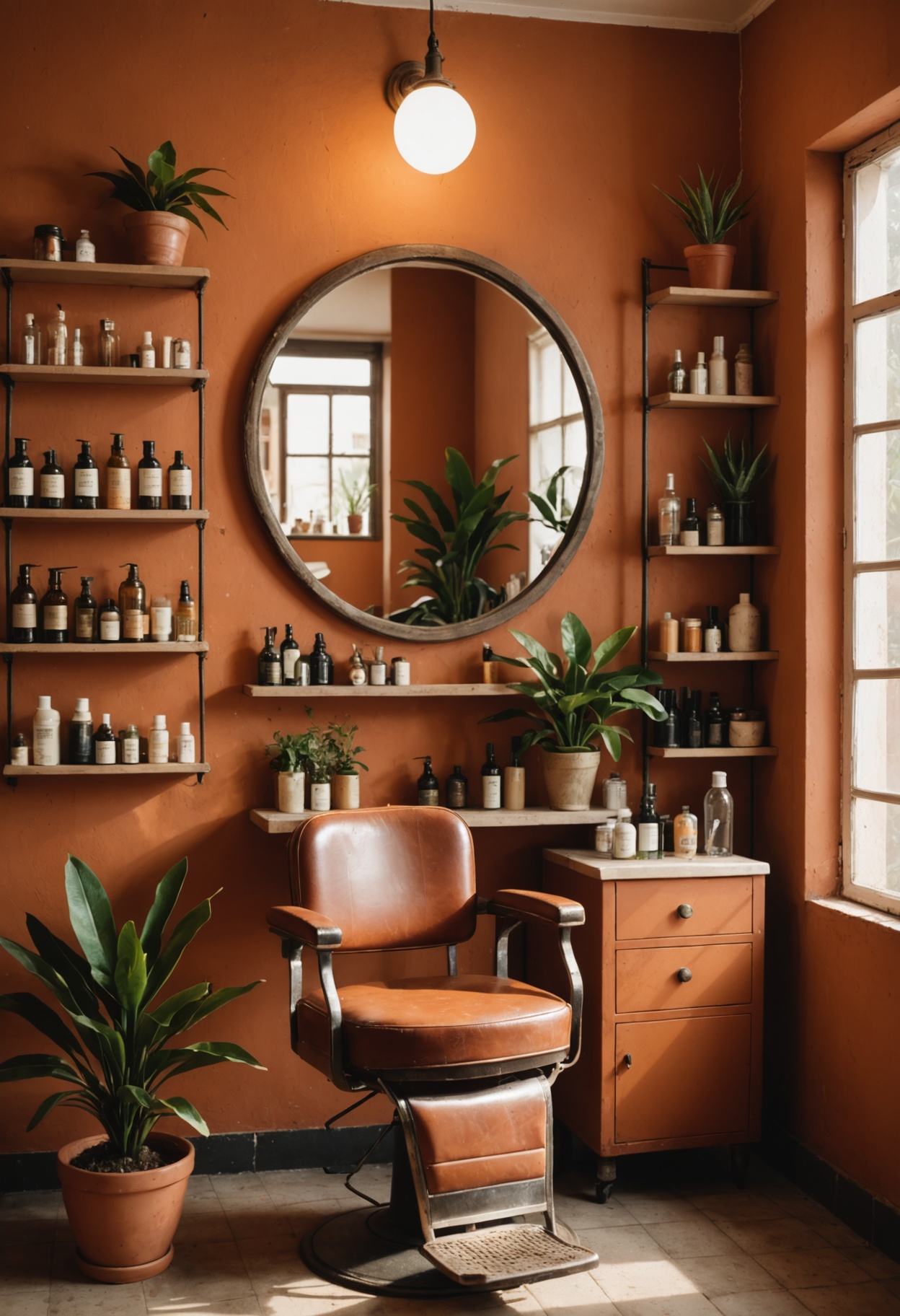 Salón de belleza acogedor con sillón de cuero, espejo redondo y plantas
