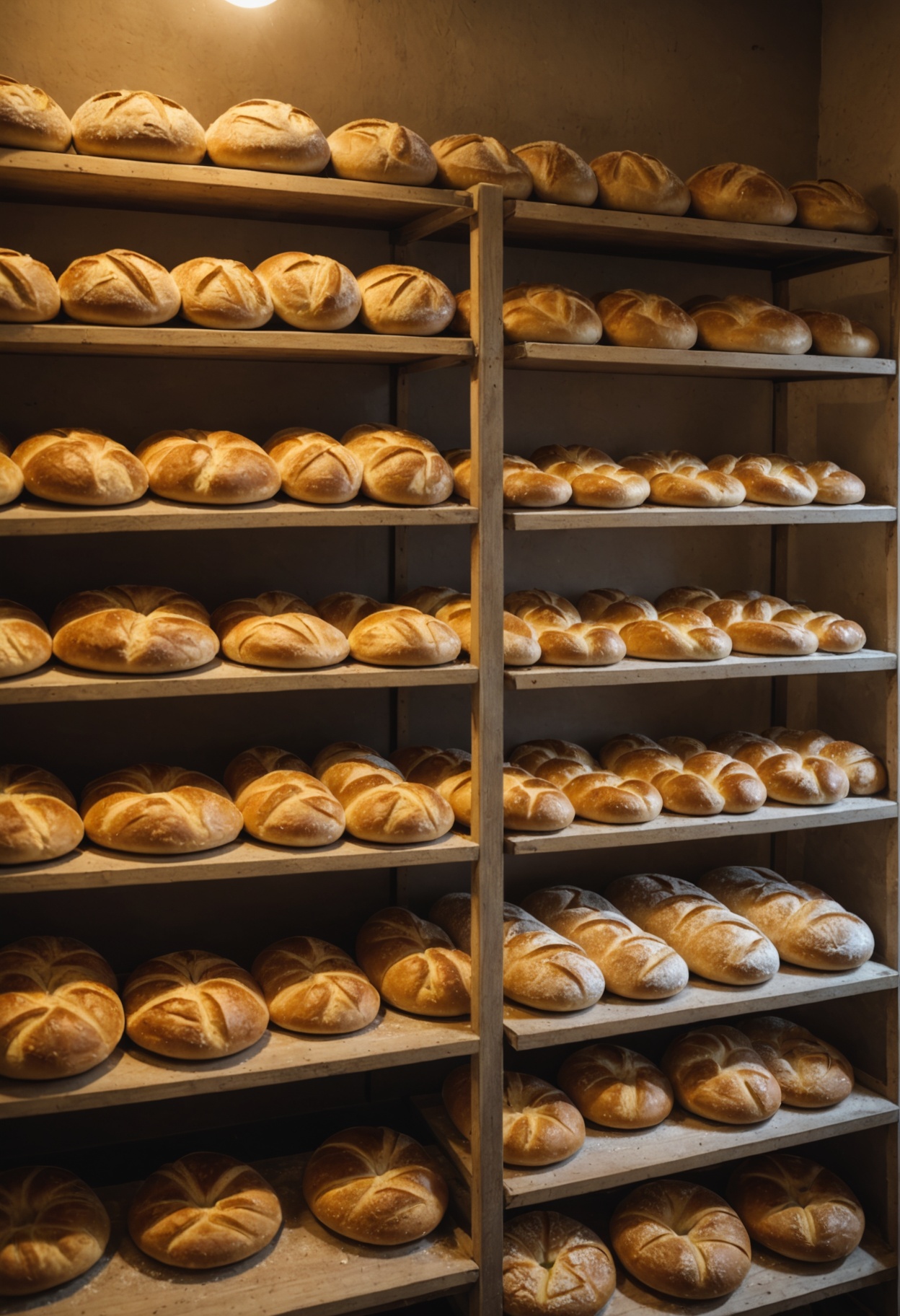 Estantes de madera llenos de panes recién horneados en una panadería de barrio
